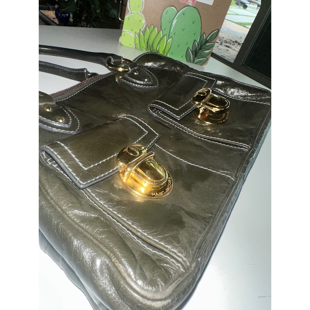 Marc Jacobs Y2KOlive Green Glazed Leather Push Lock Satchel Handbag Gold Hardwar - Picture 12 of 16